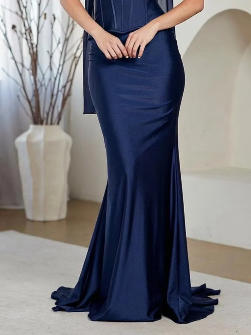 New Navy Elegant Two Piece Set Gown w/ Matching Scarf & Scoop Neck AC JQ1105